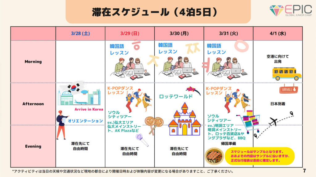 EPIC韓国滞在スケジュール（4泊5日）