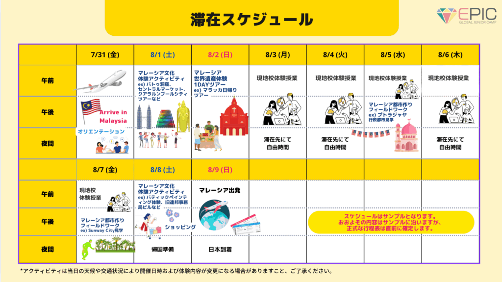 2026年夏季EPICキャンプマレーシアスケジュール日程